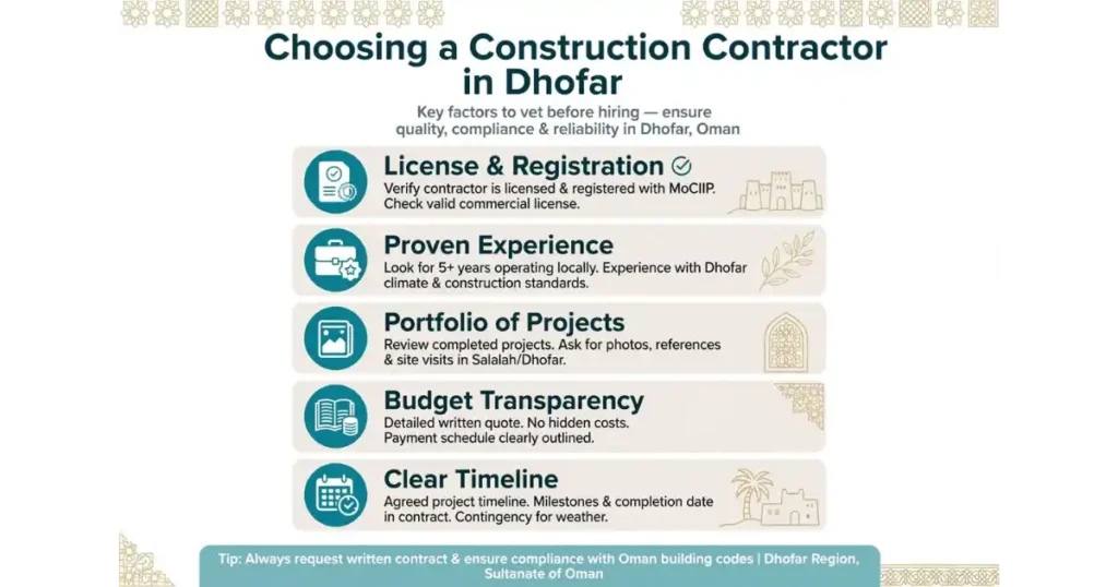 Infographic showing 5 key factors for choosing a construction contractor in Dhofar - license, experience, portfolio, budget and timeline for construction companies in Salalah